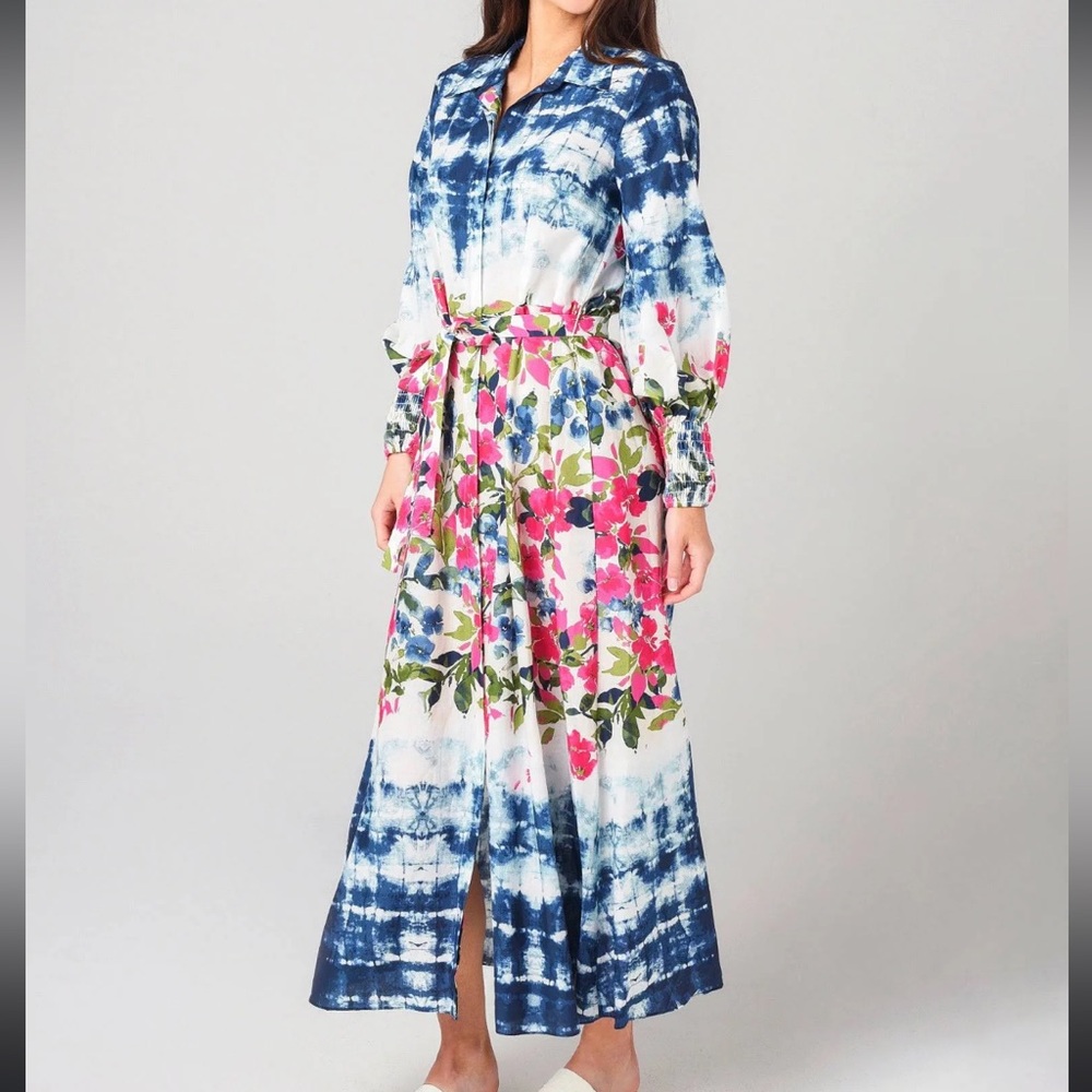 MISA floral tie dye BETTINA NWOT Smocked Tie-Waist Midi Dress XS Shirtdress $510 - Picture 8 of 9